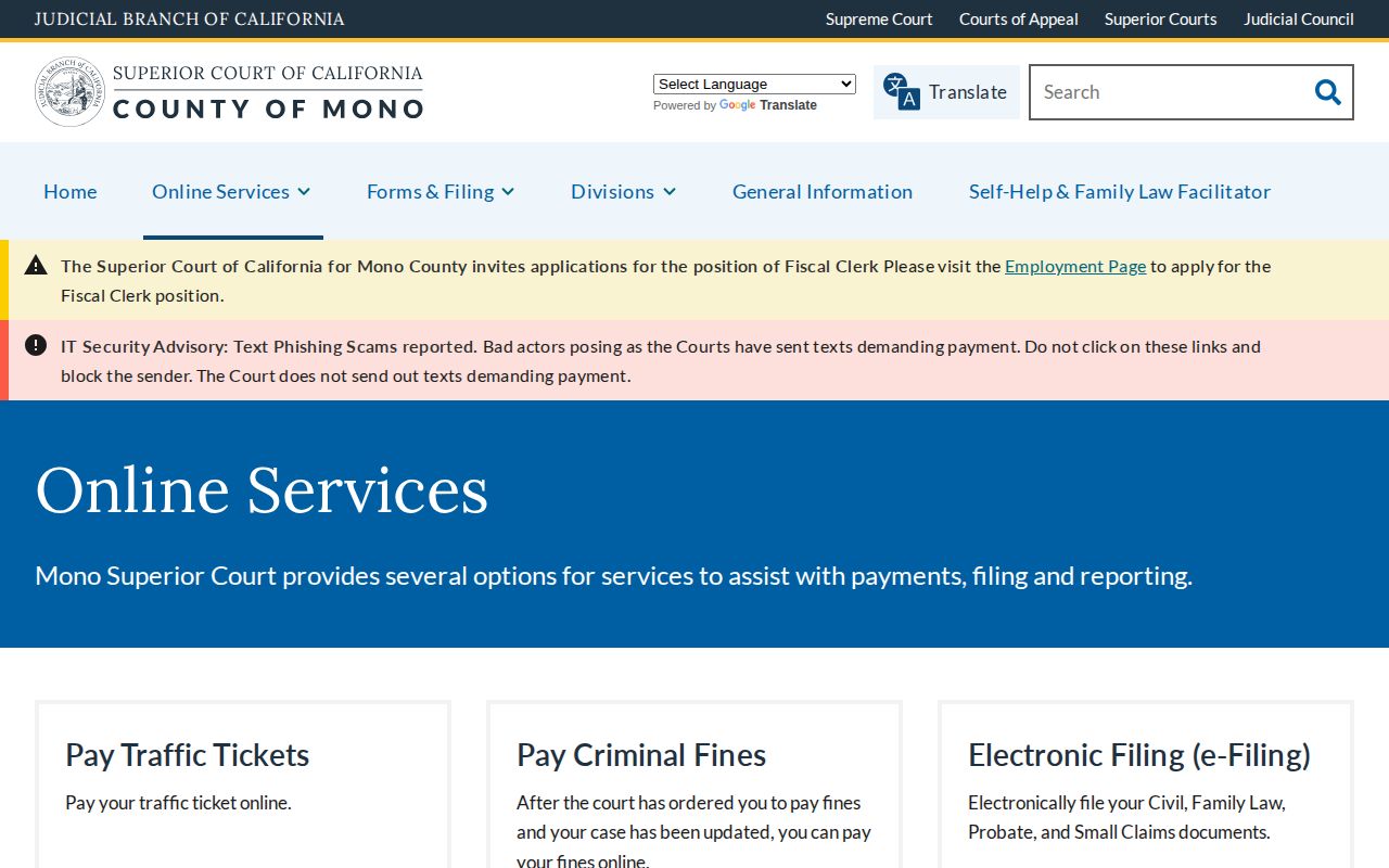 Mono Superior Court online services used for release confirmation