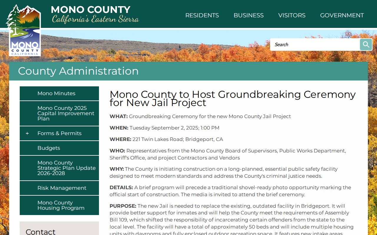 Mono County New Jail ceremony notice for future release operations